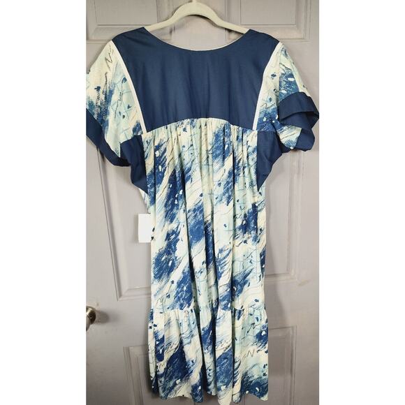VTG 80s Good Times Hawaii MuuMuu Caftan Maxi Dress Blue White Abstract Large NOS - Picture 2 of 11